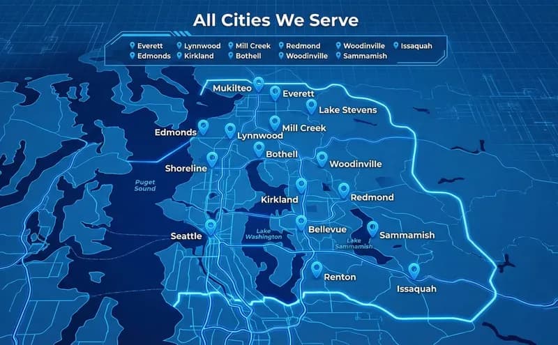 Greenworks Electric service area map showing Seattle, Bellevue, Everett, and surrounding areas